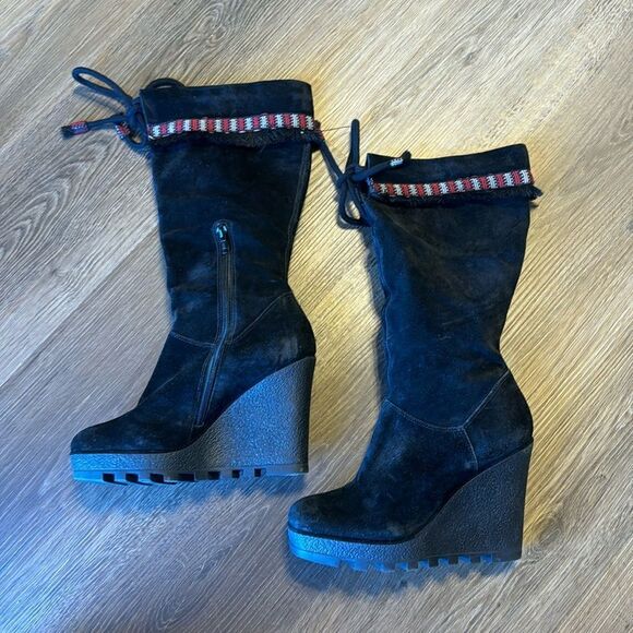 Diane Von Furstenberg Jimson Tall 4" Wedge Boots Suede Boho Tribal Fringe Sz 7 M - Picture 4 of 14